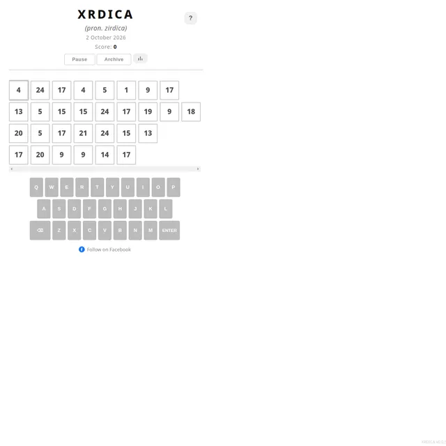 XRDICA puzzle for 2 October 2026 showing a grid of tiles filled with numbers (a codeword where each number stands for a letter), with Pause and Archive buttons, a score of 0 and an on-screen keyboard