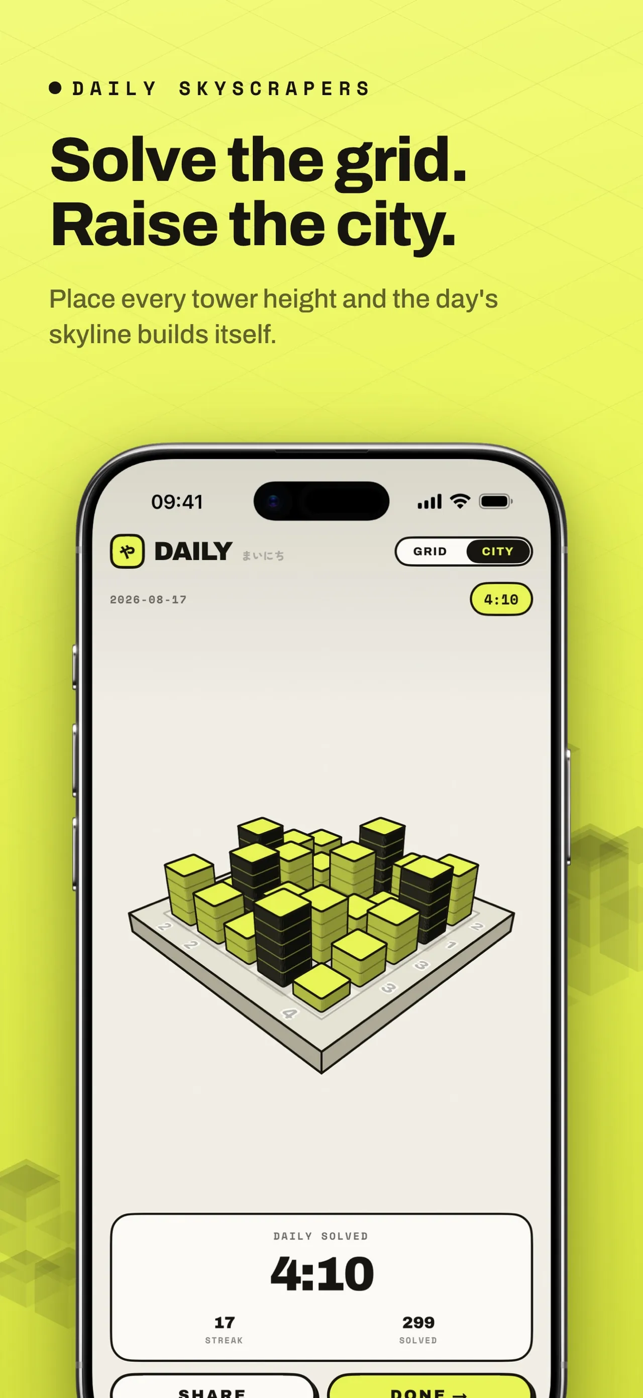 Yagura daily solved in 4:10, the finished city of yellow and black towers above a card showing a 17 streak and 299 solved