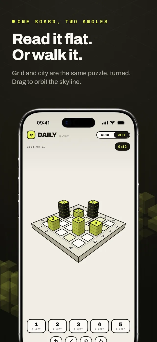 Yagura daily board for 2026-08-17 in City view, with six towers of heights 2 to 5 standing on a 5x5 grid, clues on the edges and height buttons below