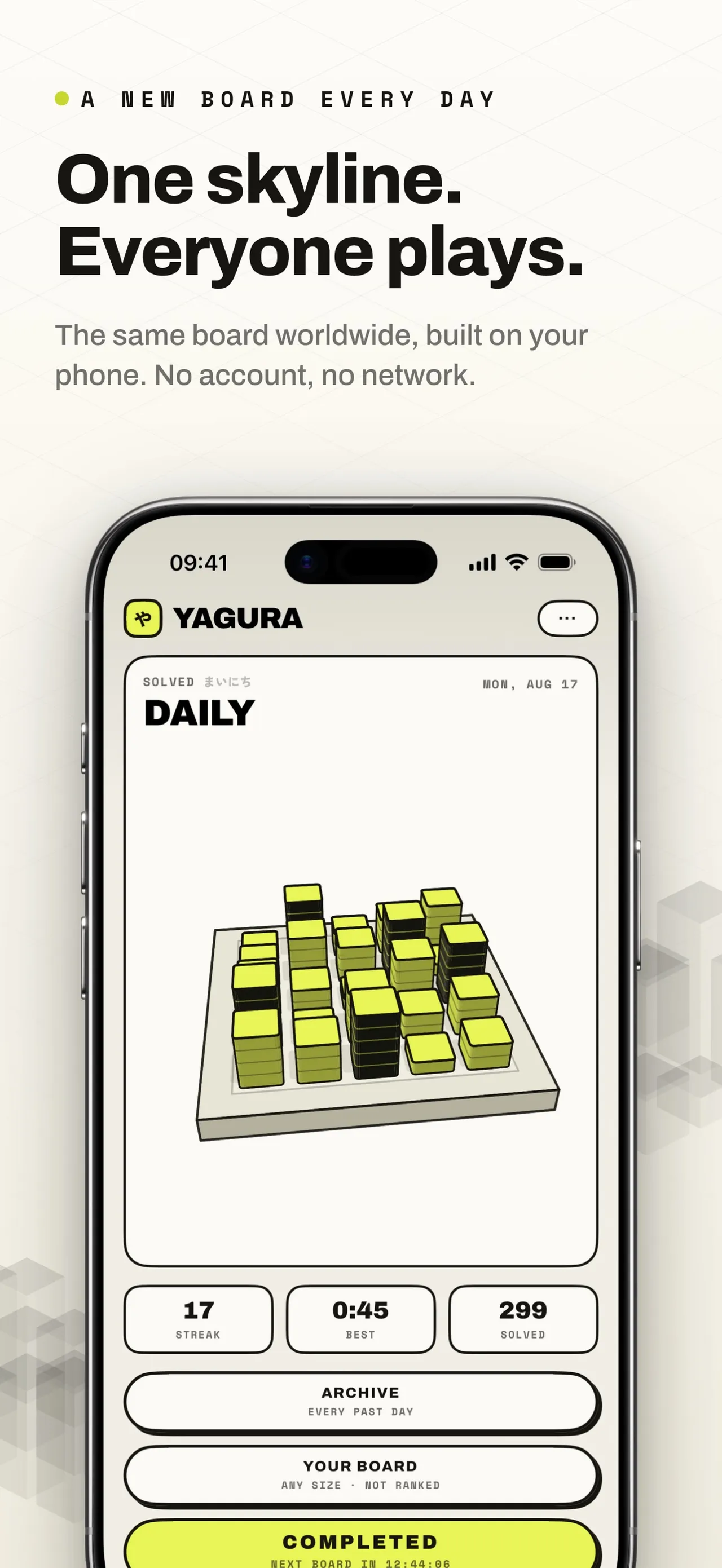 Yagura home screen with the solved Daily for Mon, Aug 17, a 17 streak, best time 0:45, Archive and Your Board buttons, and next board in 12:44:06