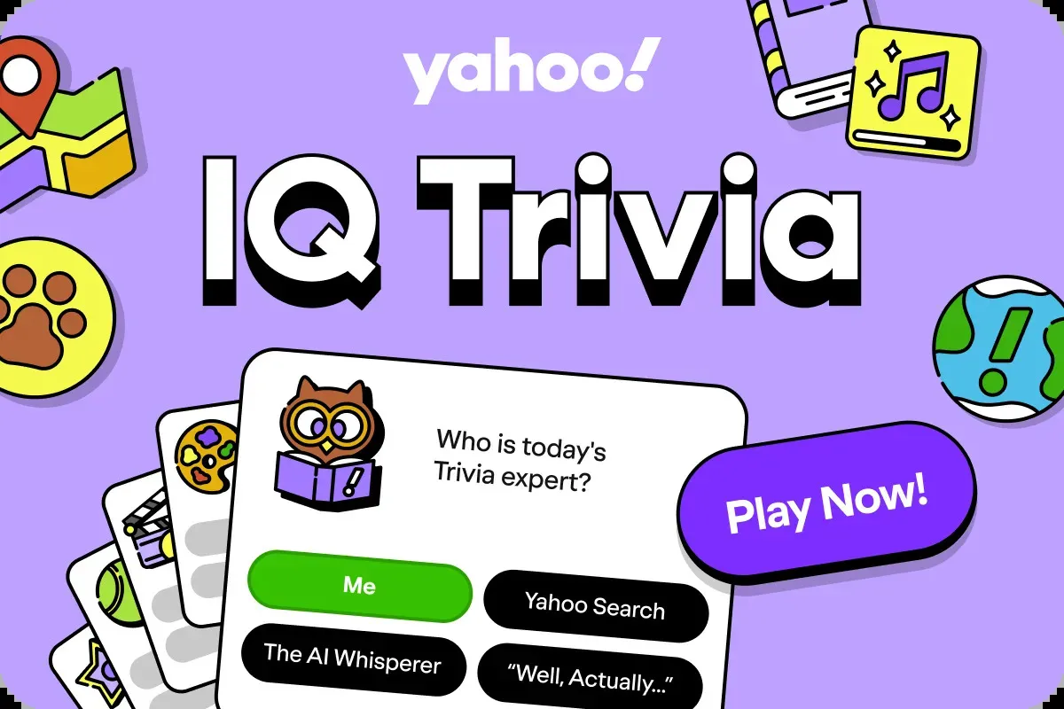 Yahoo IQ Trivia game card with a sample multiple-choice question