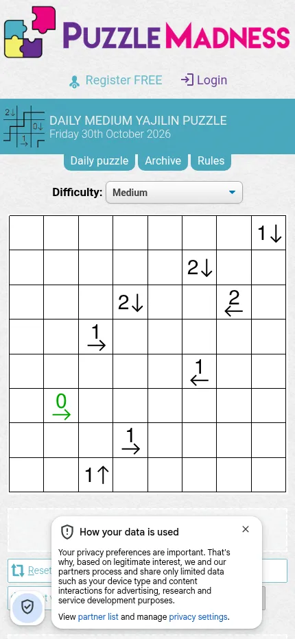 Today's Medium Yajilin on a phone screen: the 8x8 grid fills the width below the difficulty menu