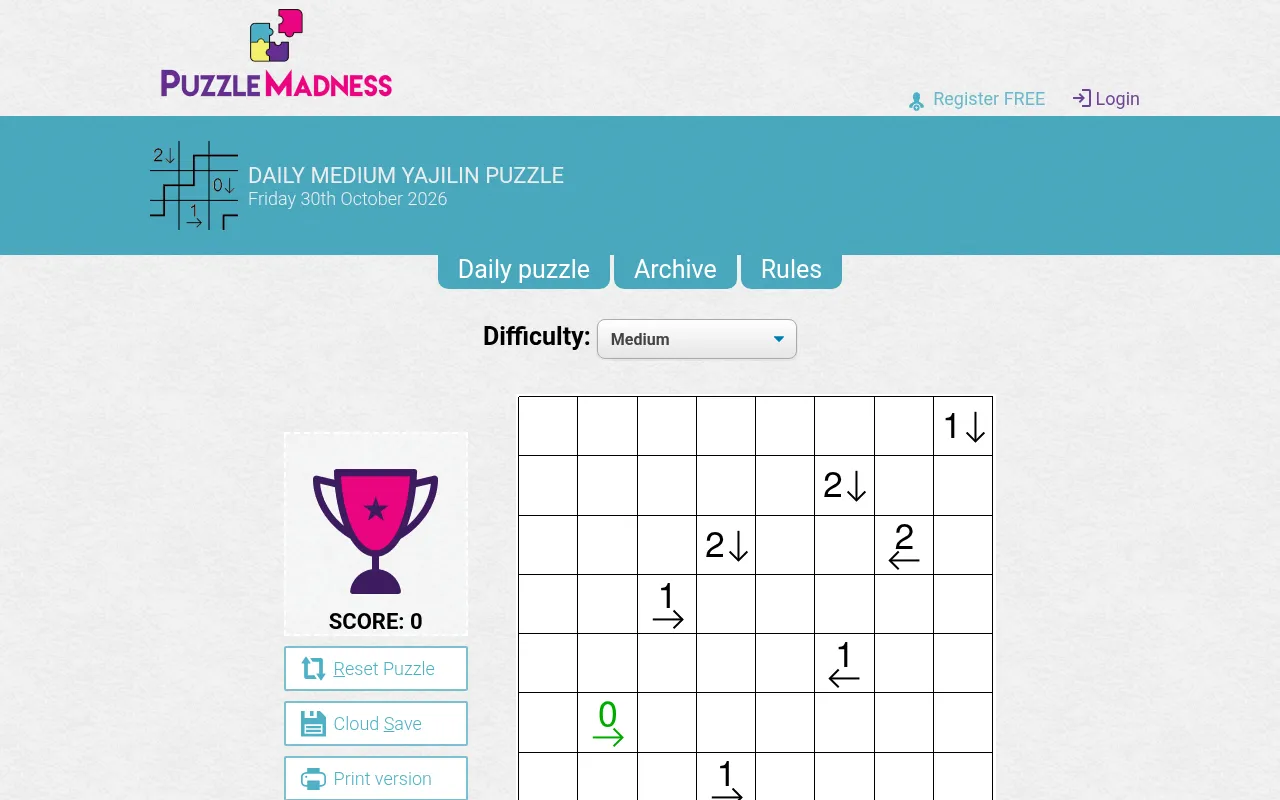 The PuzzleMadness page for the Medium Yajilin of Friday 30 October 2026 on a desktop, with the difficulty menu, score panel and grid