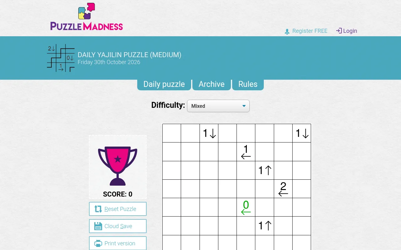 The Mixed page's own Yajilin grid for 30 October 2026 on PuzzleMadness: an 8x8 board rated Medium, with clues that differ from the Medium page
