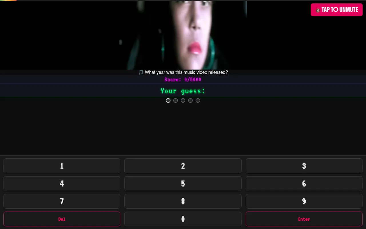 Year To Beat on a desktop: today's first music video playing above the question What year was this music video released?, the score 0/5000, five round dots and a number keypad.