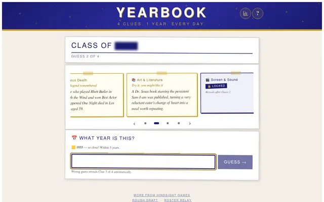 Yearbook board on 29 October 2026 after one guess: a Class of card with the year blurred, guess 2 of 4, a Famous Death clue and an Art and Literature clue open, and 1955 marked within 5 years