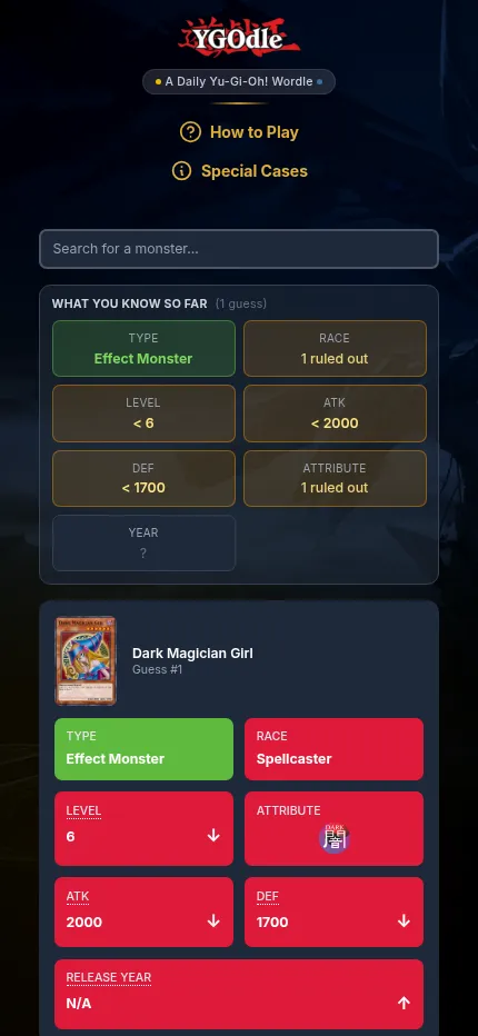YGOdle on a phone: a Dark Magician Girl guess shown as a stacked card of type, race, level, attribute, ATK, DEF and year tiles under the clue summary