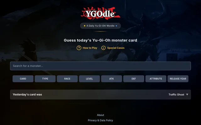 YGOdle's Monsters mode: 'Guess today's Yu-Gi-Oh monster card' with the search box and the card, type, race, level, ATK, DEF, attribute and release year columns