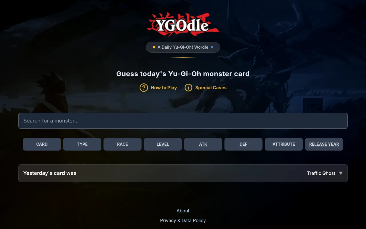 YGOdle's Monsters mode: 'Guess today's Yu-Gi-Oh monster card' with the search box and the card, type, race, level, ATK, DEF, attribute and release year columns