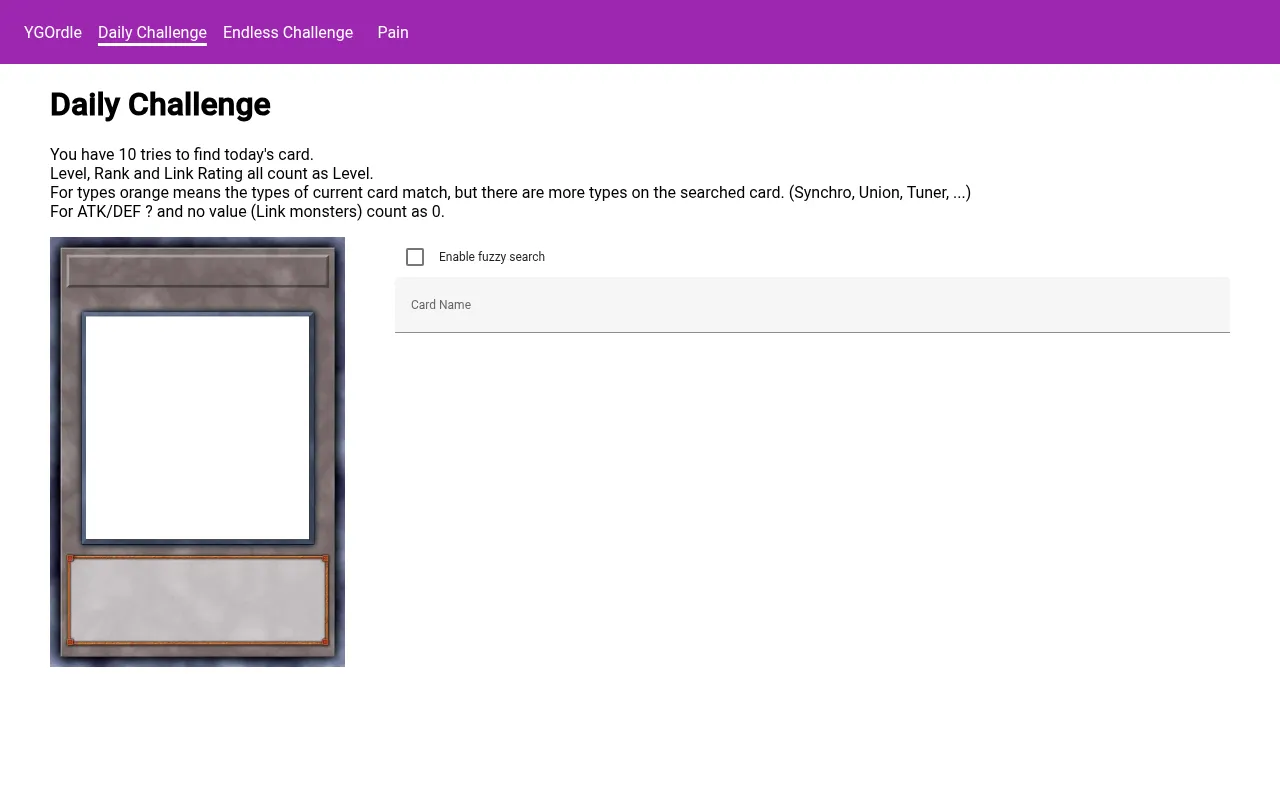 YGOrdle's Daily Challenge before the first guess: the rules for ten tries, a blank Yu-Gi-Oh card frame waiting to be revealed and a Card Name search box with a fuzzy search option