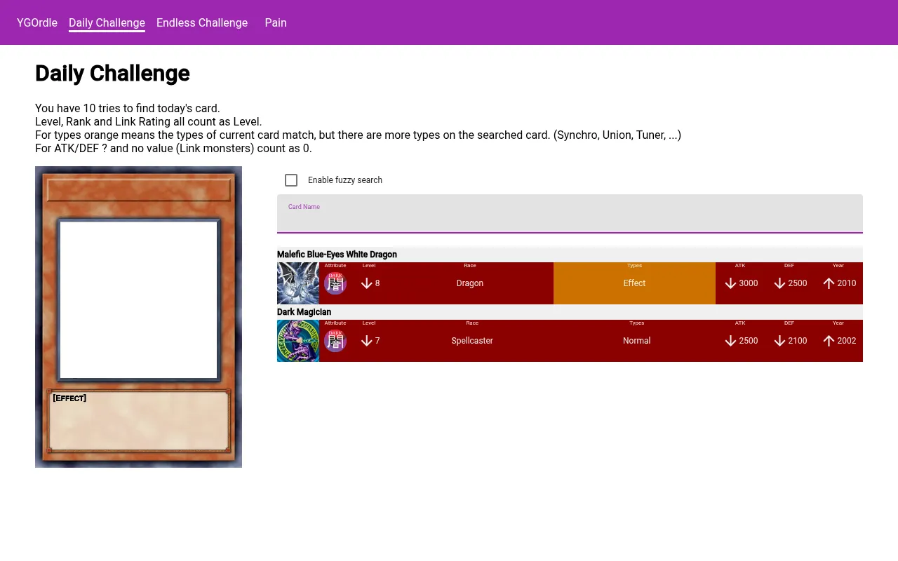 YGOrdle's Daily Challenge after two guesses: rows for Dark Magician and Malefic Blue-Eyes White Dragon with Level, ATK, DEF and year arrows, and the hidden card frame now showing an Effect monster