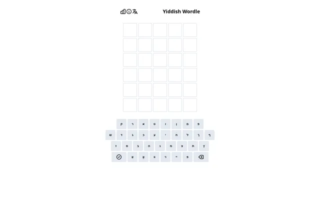 Yiddish Wordle board: an empty grid of six rows of five tiles above an on-screen keyboard of Hebrew letters with Yiddish forms such as komets alef and double vov
