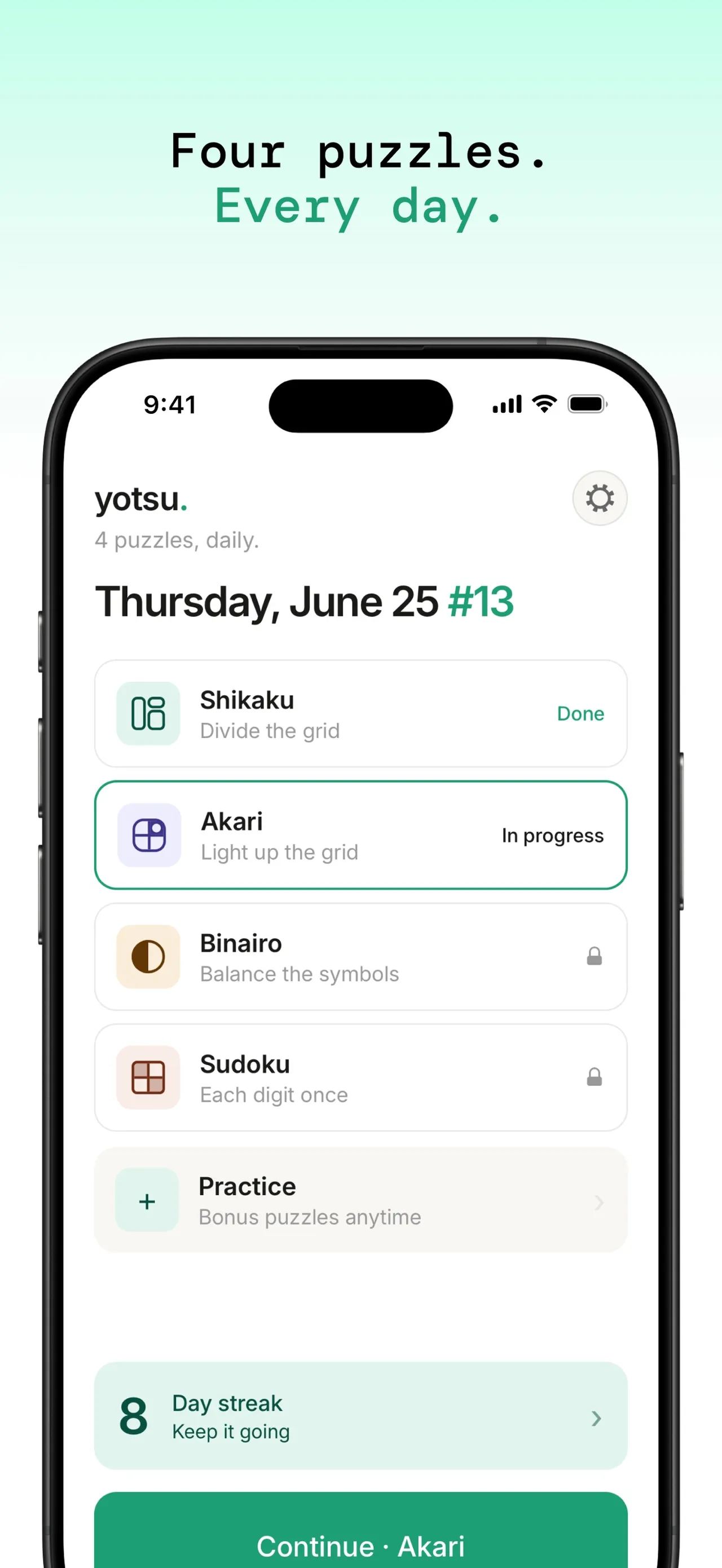 yotsu. on an iPhone: the day's set of Shikaku, Akari, Binairo and Sudoku with a day streak