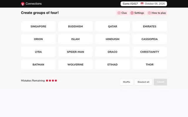 YourLifeChoices Connections Game #2417 for October 06, 2026: sixteen word tiles such as SINGAPORE, BUDDHISM, ORION, BATMAN and ETIHAD, with four mistakes remaining