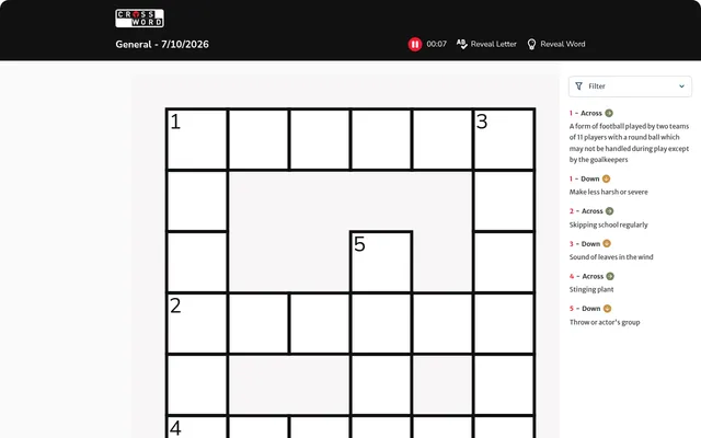 The YourLifeChoices Mini Crossword for 7/10/2026: an empty 6x6 grid numbered 1 to 5 beside its clue list, with a timer and Reveal Letter and Reveal Word buttons