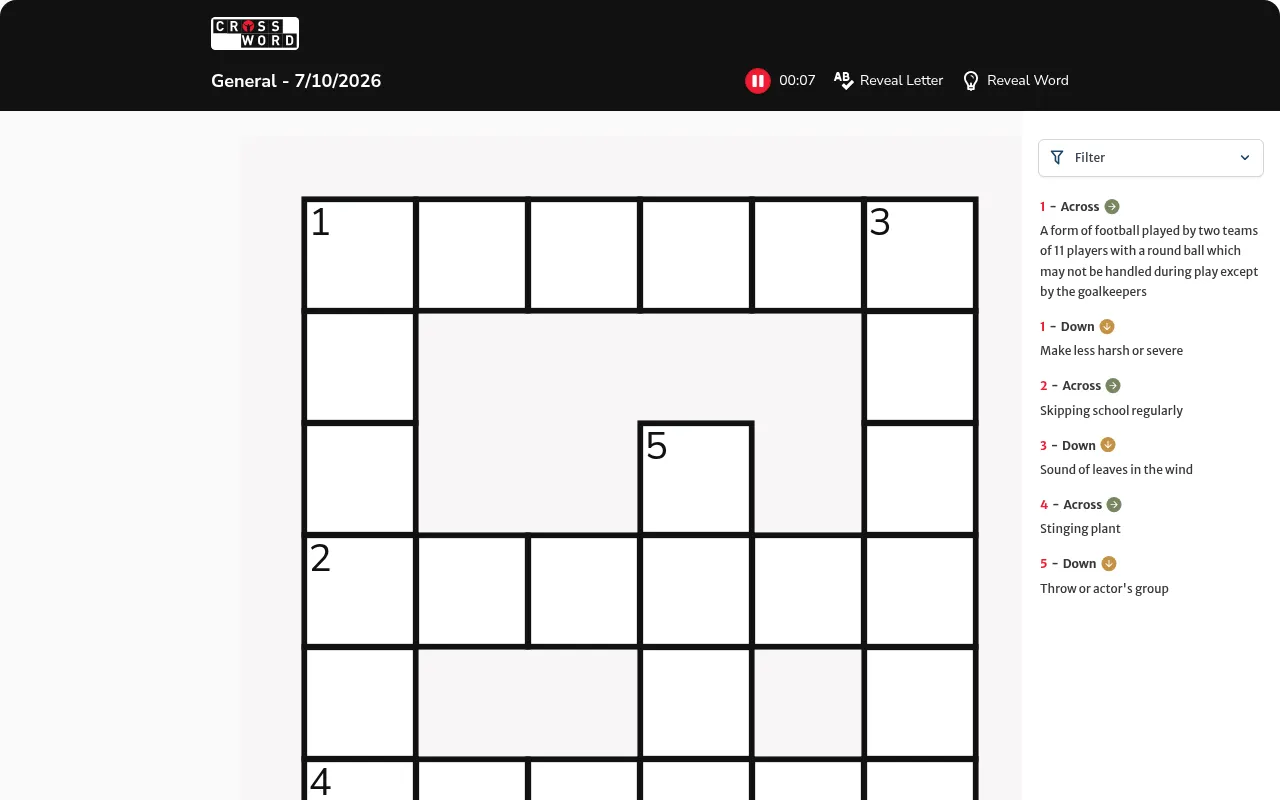 The YourLifeChoices Mini Crossword for 7/10/2026: an empty 6x6 grid numbered 1 to 5 beside its clue list, with a timer and Reveal Letter and Reveal Word buttons