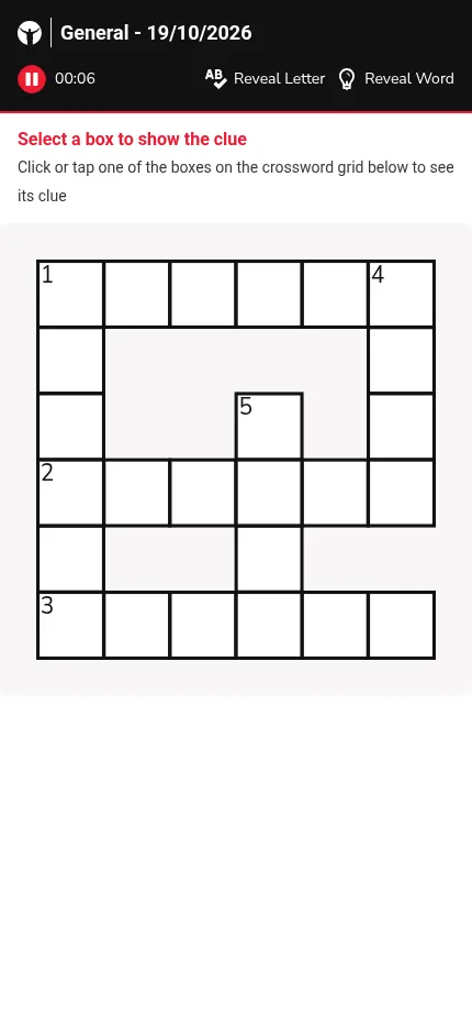 The YourLifeChoices Mini Crossword for 19/10/2026 on a phone: the whole empty 6x6 grid numbered 1 to 5 under the timer and Reveal Letter and Reveal Word