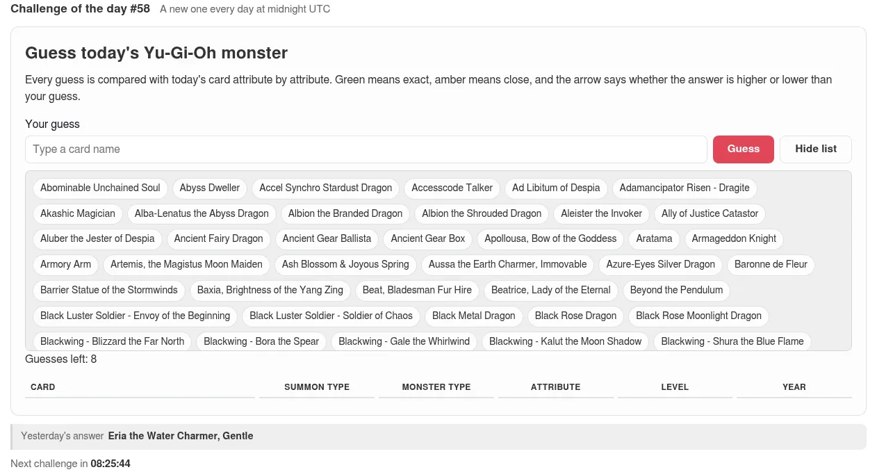 The same board with See list open: rows of monster names to pick from, such as Abyss Dweller and Accesscode Talker, above the empty guess columns