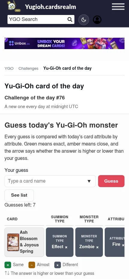 The same day's board at phone size after one guess: the guess row scrolls sideways under the card name box, with a banner ad above the game