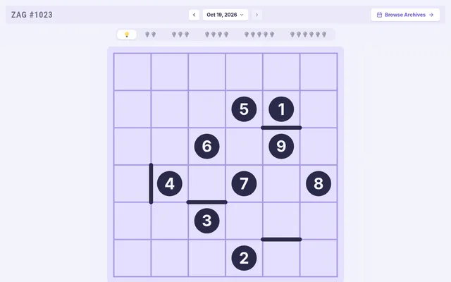Zag #1023 for Oct 19, 2026: the very easy 6x6 grid with checkpoints 1 to 9 and four short walls, before the line is drawn