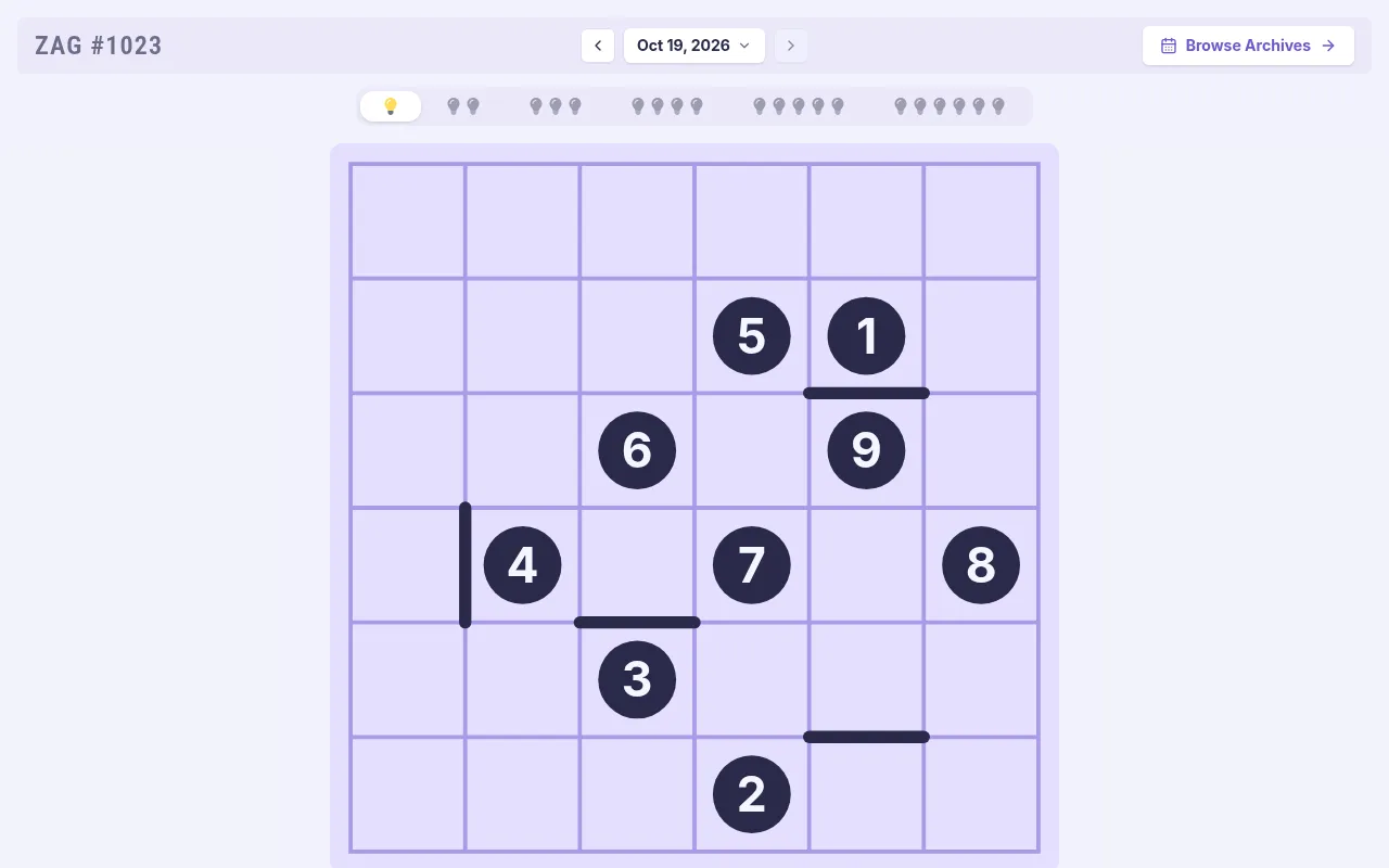 Zag #1023 for Oct 19, 2026: the very easy 6x6 grid with checkpoints 1 to 9 and four short walls, before the line is drawn