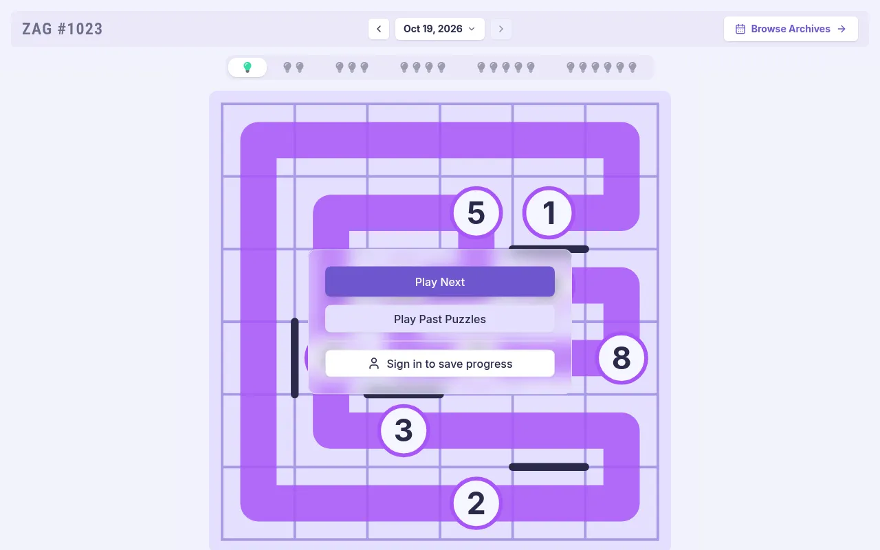 Zag #1023 very easy grid solved: one purple line from 1 through every cell to 9, with the Play Next and Play Past Puzzles menu on the board