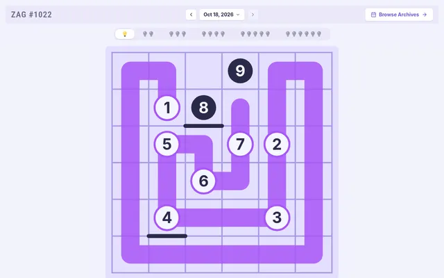 Zag #1022 very easy 6x6 grid for Oct 18, 2026, with a purple line drawn from 1 through 7 around the board; checkpoints 8 and 9 still to reach