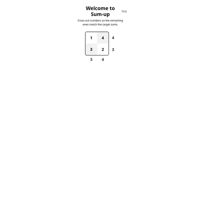 The Sum-up puzzle engine behind Zahlenfix: a grid of single digits with a target number beside each row and below each column, under the heading Cross out numbers so the remaining ones match the targe