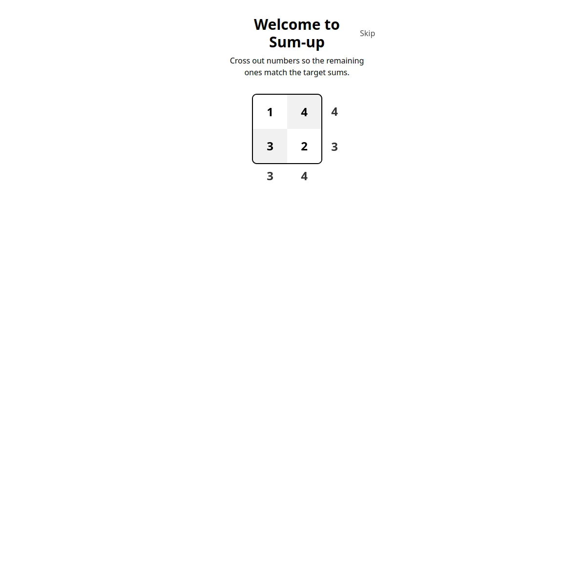 The Sum-up puzzle engine behind Zahlenfix: a grid of single digits with a target number beside each row and below each column, under the heading Cross out numbers so the remaining ones match the targe