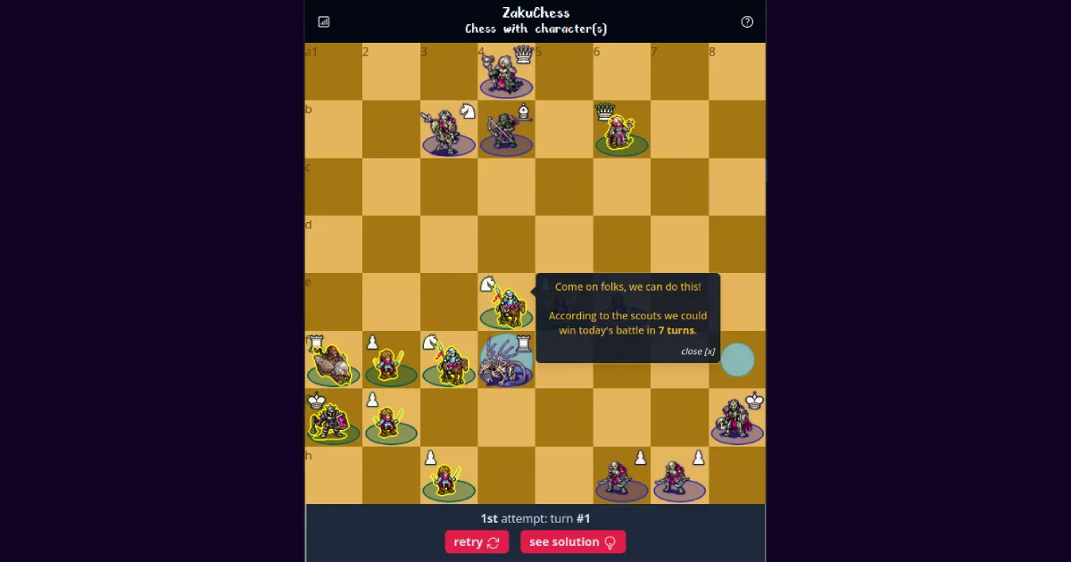 A ZakuChess daily challenge: pixel-art troops facing the undead on a chessboard, with a scout note saying the battle can be won in 7 turns