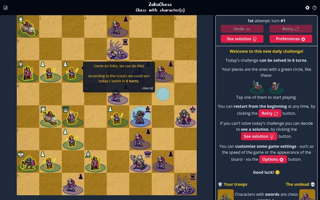 Today's ZakuChess board on desktop: pixel-art troops with green circles facing the undead, a scout note saying the battle can be won in 6 turns