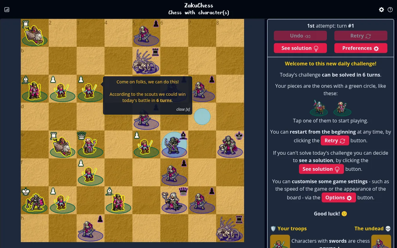 Today's ZakuChess board on desktop: pixel-art troops with green circles facing the undead, a scout note saying the battle can be won in 6 turns