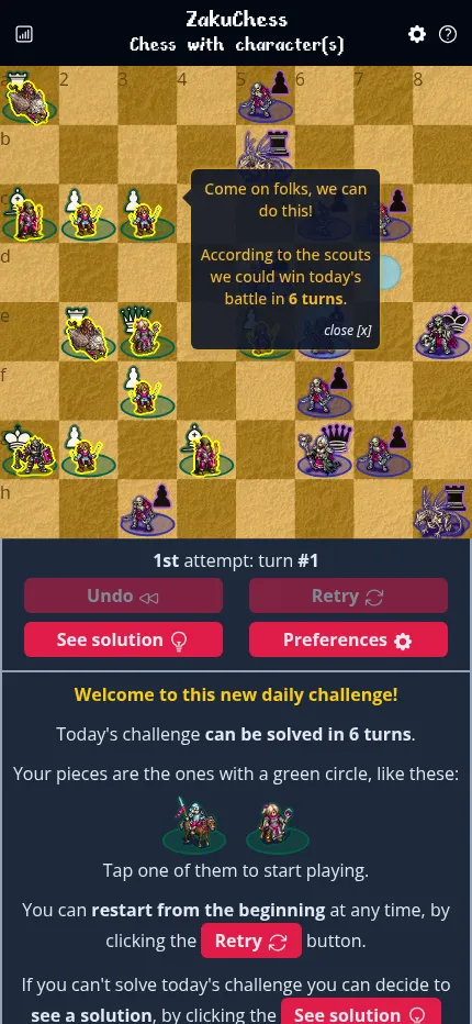 ZakuChess at phone size: the daily board with the scouts' 6-turn note, and the Undo, Retry, See solution and Preferences buttons below