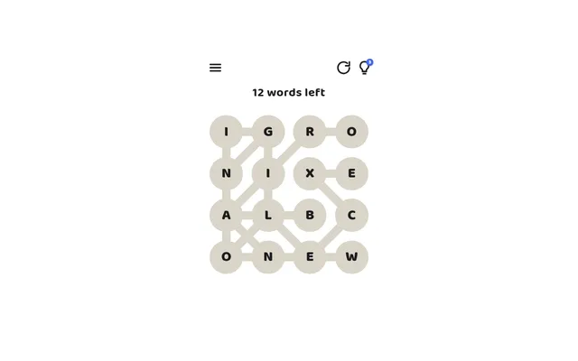 A Zanagrams board: sixteen letter tiles in a four-by-four square joined by paths, with 12 words left
