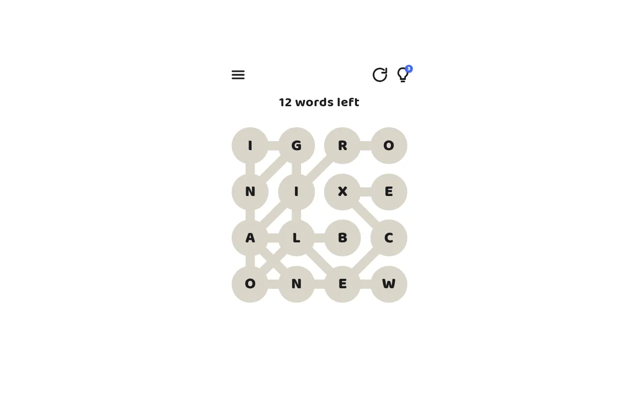 A Zanagrams board: sixteen letter tiles in a four-by-four square joined by paths, with 12 words left