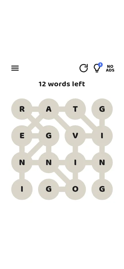 Today's Zanagrams board on a phone: sixteen letter tiles in a four-by-four square joined by bridges, with 12 words left