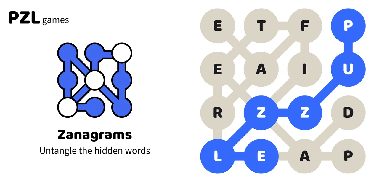 Zanagrams share image: the game's logo beside a board where the word PUZZLE is traced in blue along the bridges