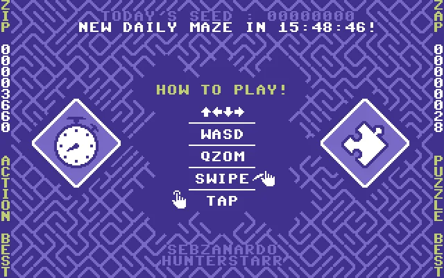 ZAPZIPZAP how to play screen listing arrow keys, WASD, swipe and tap controls