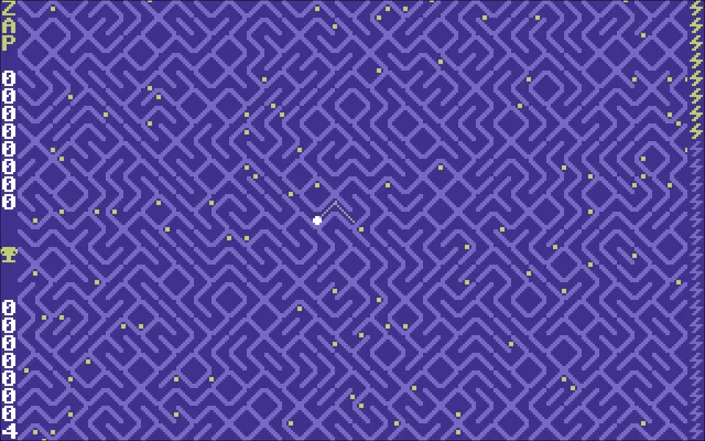 ZAPZIPZAP Puzzle mode on 21 October 2026 (seed 522): the purple slash maze with yellow dots, a short trail behind the white player and eight zaps on the right edge