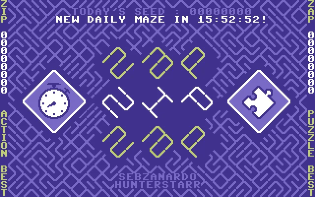 ZAPZIPZAP title screen with today's seed, a countdown to the new daily maze, and the Action stopwatch and Puzzle jigsaw buttons