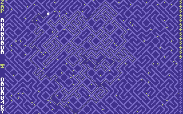 ZAPZIPZAP in play: a purple maze of diagonal slashes with a dotted yellow trail winding through it and the score counting down the left edge