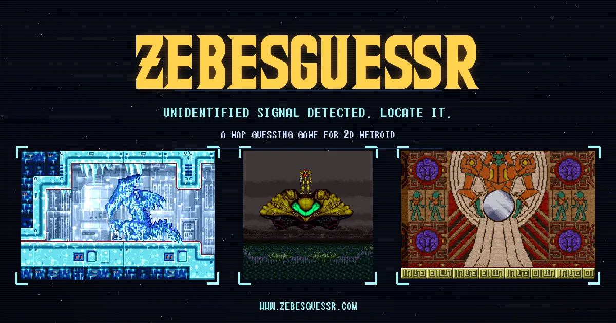 ZebesGuessr's share card: its title and Unidentified signal detected, locate it, over three scenes from 2D Metroid games