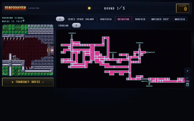 ZebesGuessr Daily Mission 91, round 1 of 5: a Super Metroid room on the left and the Brinstar map, with a guess marked and Transmit Guess ready