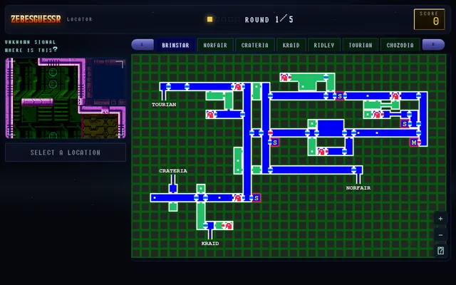 ZebesGuessr round 1 of 5: an unknown Metroid room on the left and the Brinstar map with its area tabs, where the player marks the location