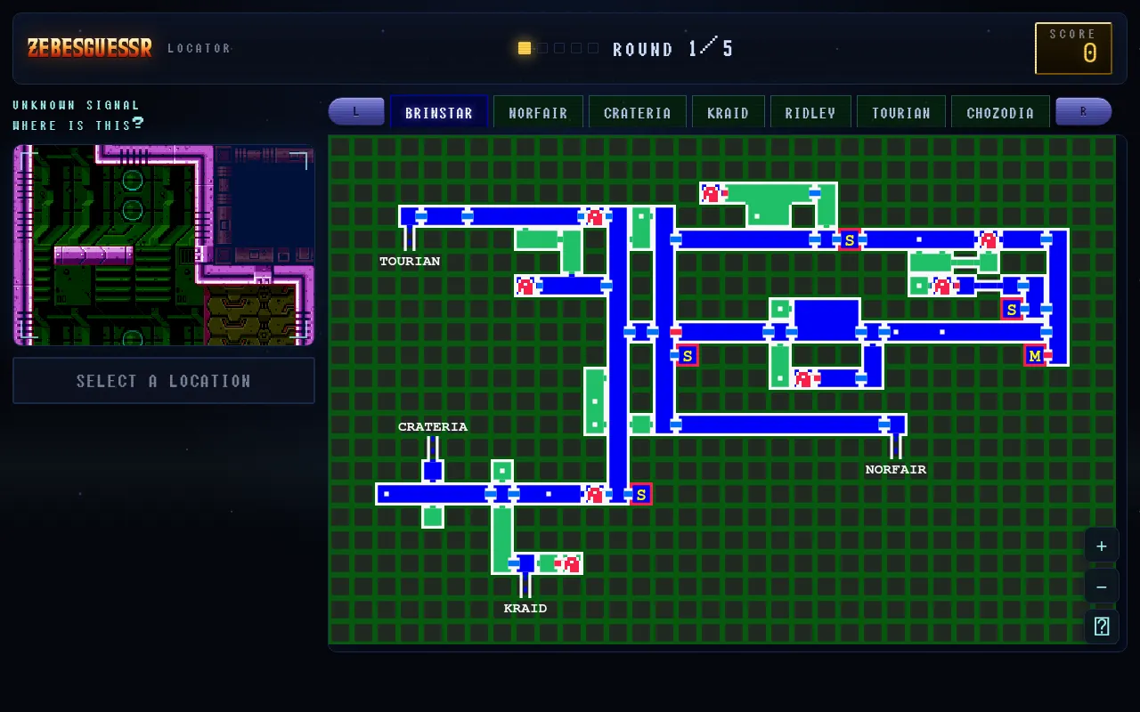 ZebesGuessr round 1 of 5: an unknown Metroid room on the left and the Brinstar map with its area tabs, where the player marks the location