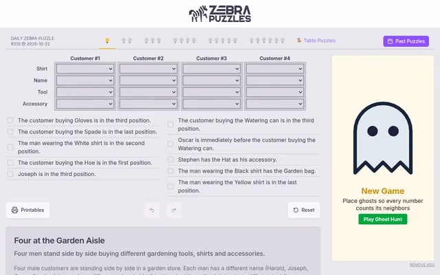 Zebra Puzzles #310 for 2026-10-22, very easy level: an empty table of shirt, name, tool and accessory for four garden-store customers, with the clues below and six difficulty tabs above