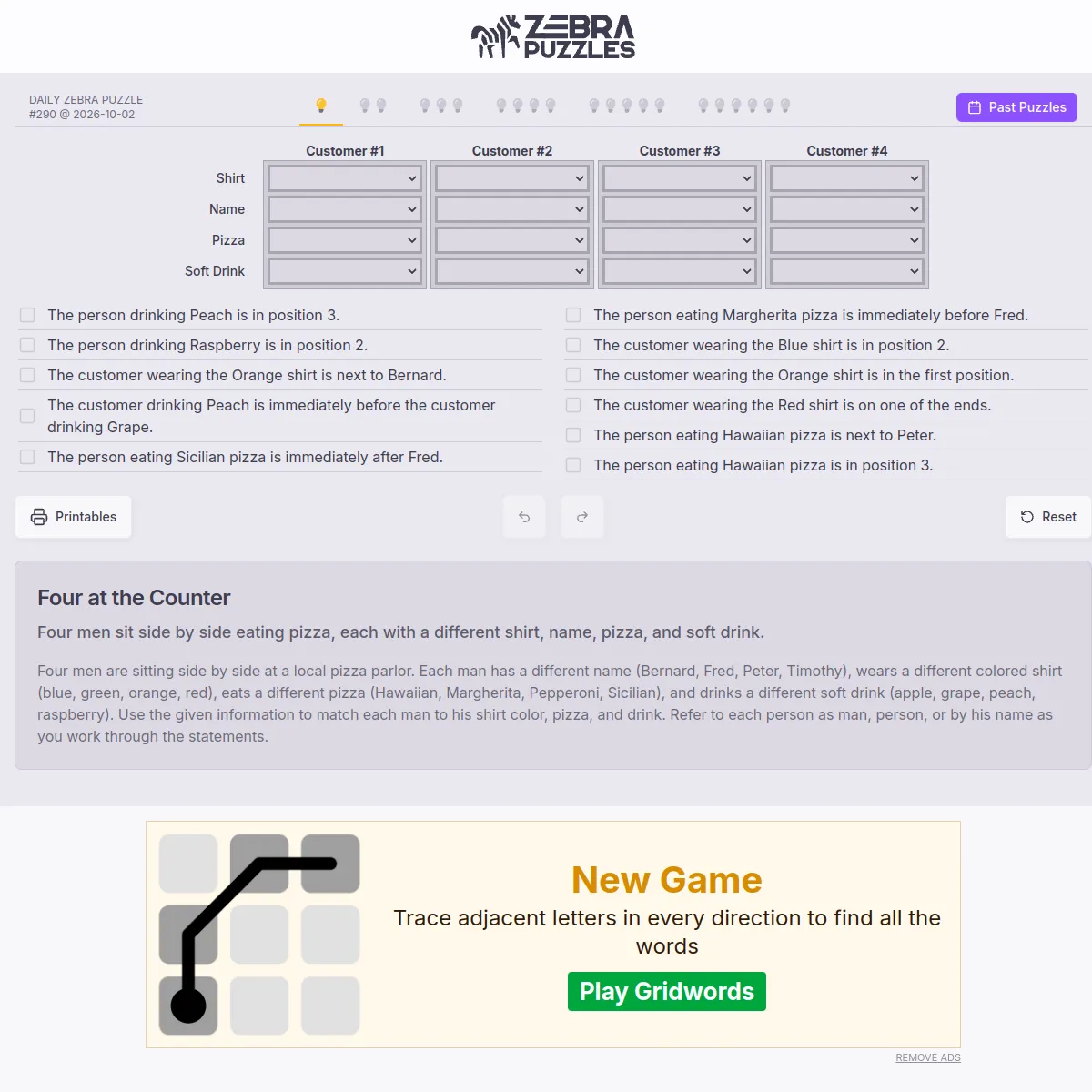 Zebra Puzzles showing Daily Zebra Puzzle #290 for 2026-10-02: six difficulty tabs, a grid with Shirt, Name, Pizza and Soft Drink rows across four customers, a list of logic clues, and Past Puzzles, un