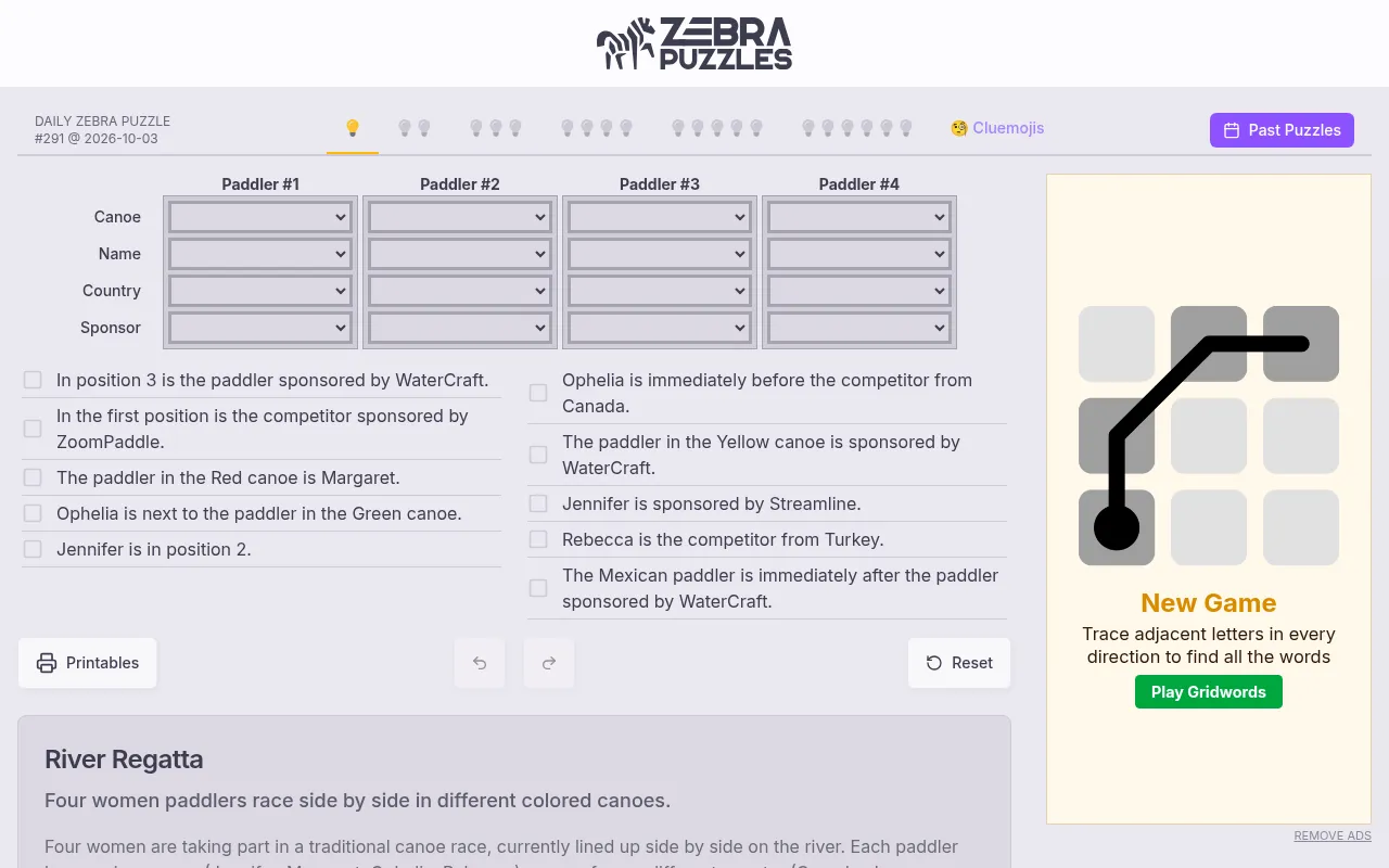 Zebra Puzzles daily puzzle #291 for 2026-10-03, River Regatta: a grid with Canoe, Name, Country and Sponsor rows for four paddlers, logic clues below, and difficulty tabs and a Past Puzzles button abo