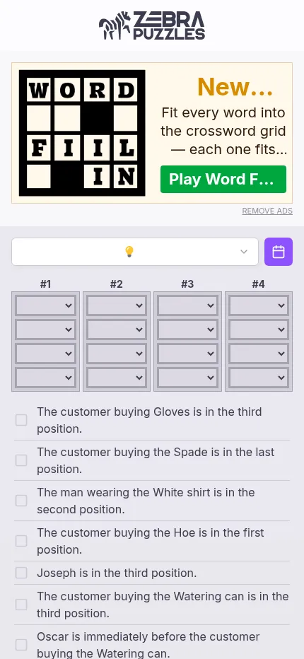 Zebra Puzzles on a phone: the 22 October 2026 very easy table of four customers with drop-down cells and the clue list below, under the site's ad slot
