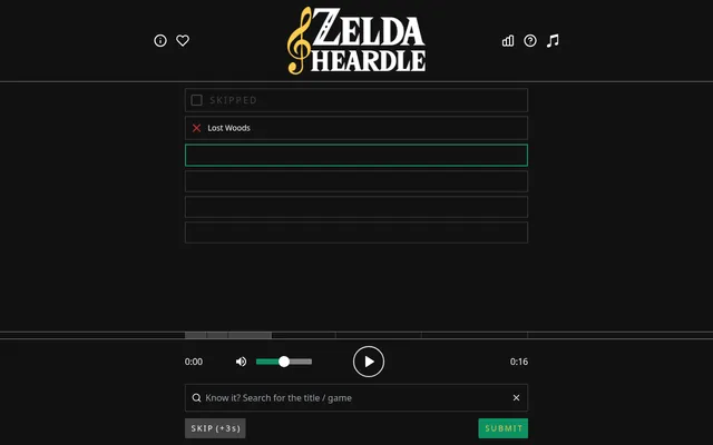 Zelda Heardle's daily board: one skipped row, a wrong guess of Lost Woods marked with a red cross, four empty rows, the clip bar and the play button above the search box